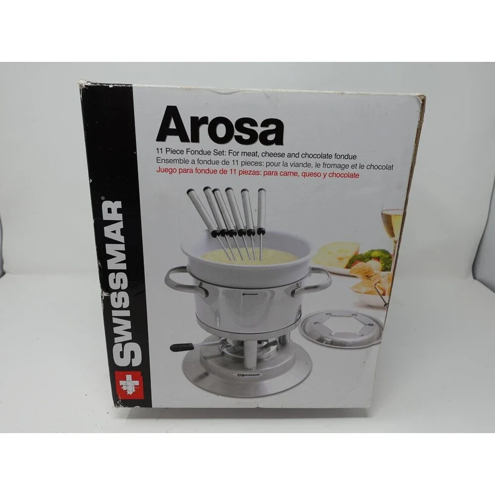 Swissmar Arosa 11-Piece Fondue Set Stainless / Ceramic — New, Box Corner Wear